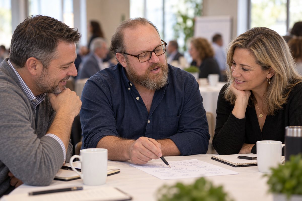 Max working through a business with two owners at a table