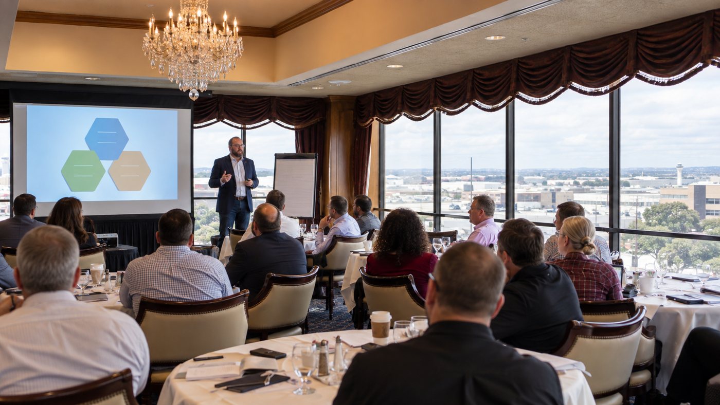 Max Kozlovsky presenting to a room of business owners